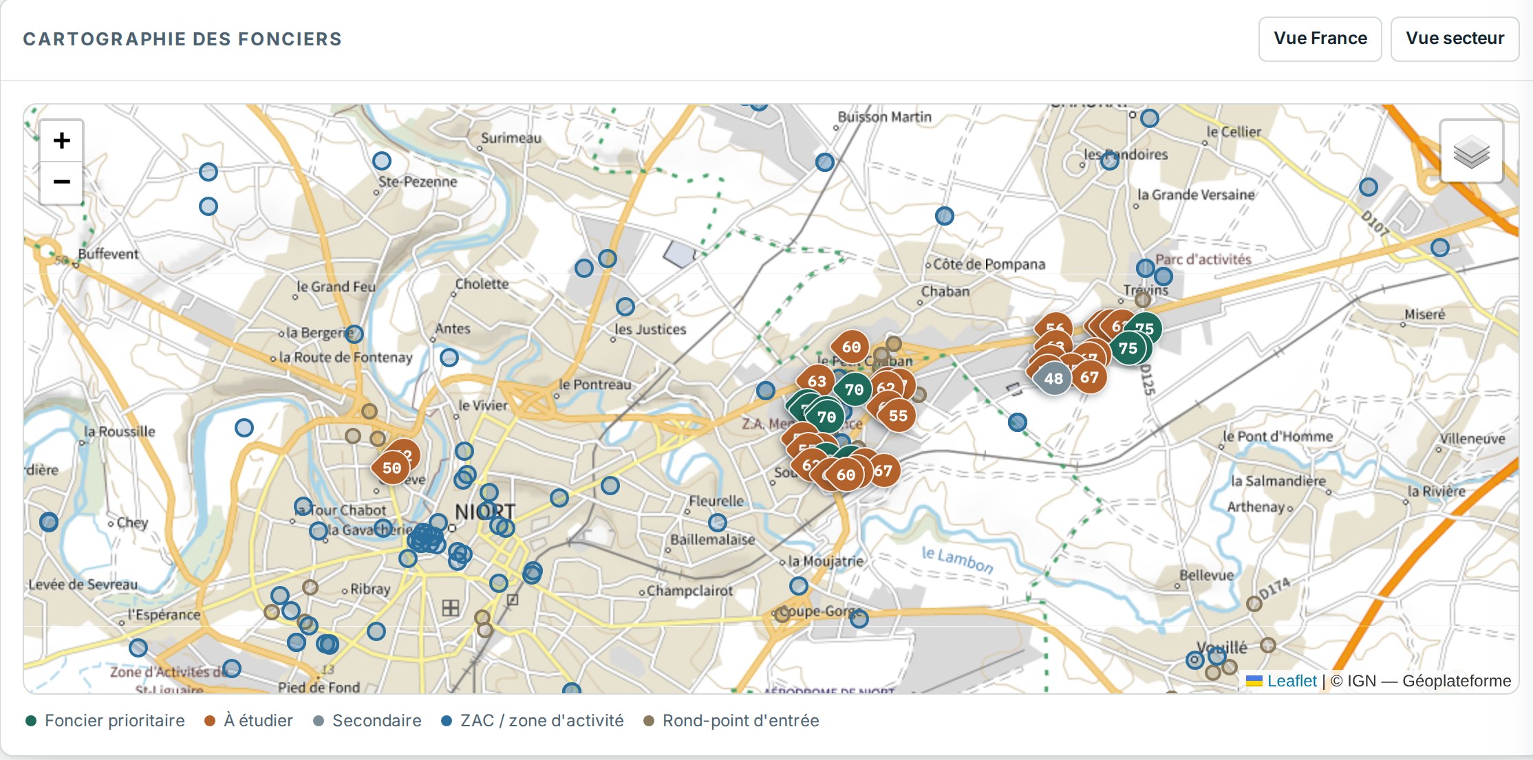 Carte IGN de l'agglomération de Niort : parcelles notées, zones d'activité et ronds-points d'entrée